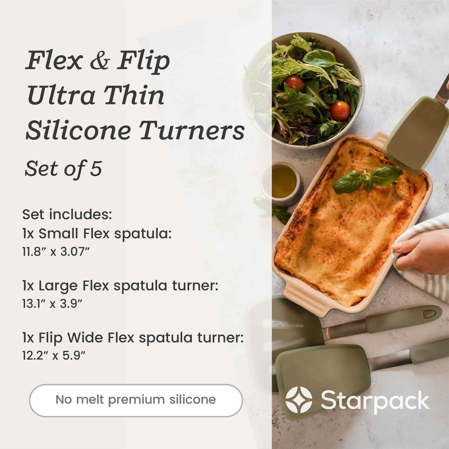 Starpack 'Flex & Flip' Flexible Silicone Turner Spatula Set (3 Pcs) - High Heat Resistant Spatulas for Cooking Egg 600°F - Silicone Pancake Turner Spatula, LFGB Grade Non Stick Rubber Kitchen Utensils