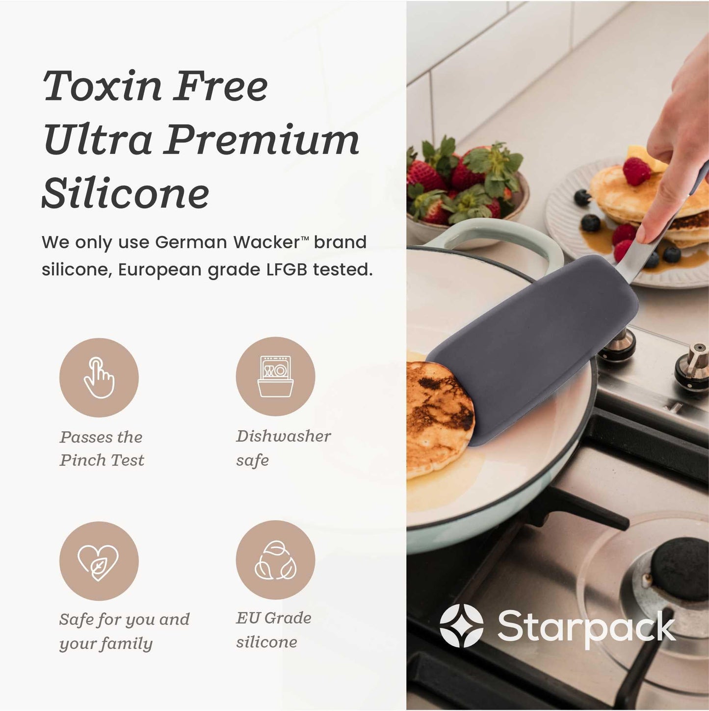 Starpack 'Flex & Flip' Flexible Silicone Turner Spatula Set (3 Pcs) - High Heat Resistant Spatulas for Cooking Egg 600°F - Silicone Pancake Turner Spatula, LFGB Grade Non Stick Rubber Kitchen Utensils (Grey)