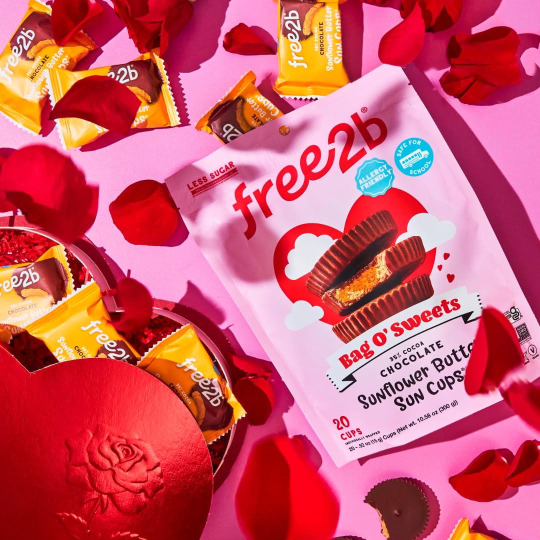 Free2b Bag O' Sweets Valentine's Day Sunflower Butter Sun Cups, Safe for Schools and Allergy Friendly - Gluten-Free, Dairy-Free, Nut-Free, and Soy-Free - Chocolate, 1-Cup Packages (Bag of 20)