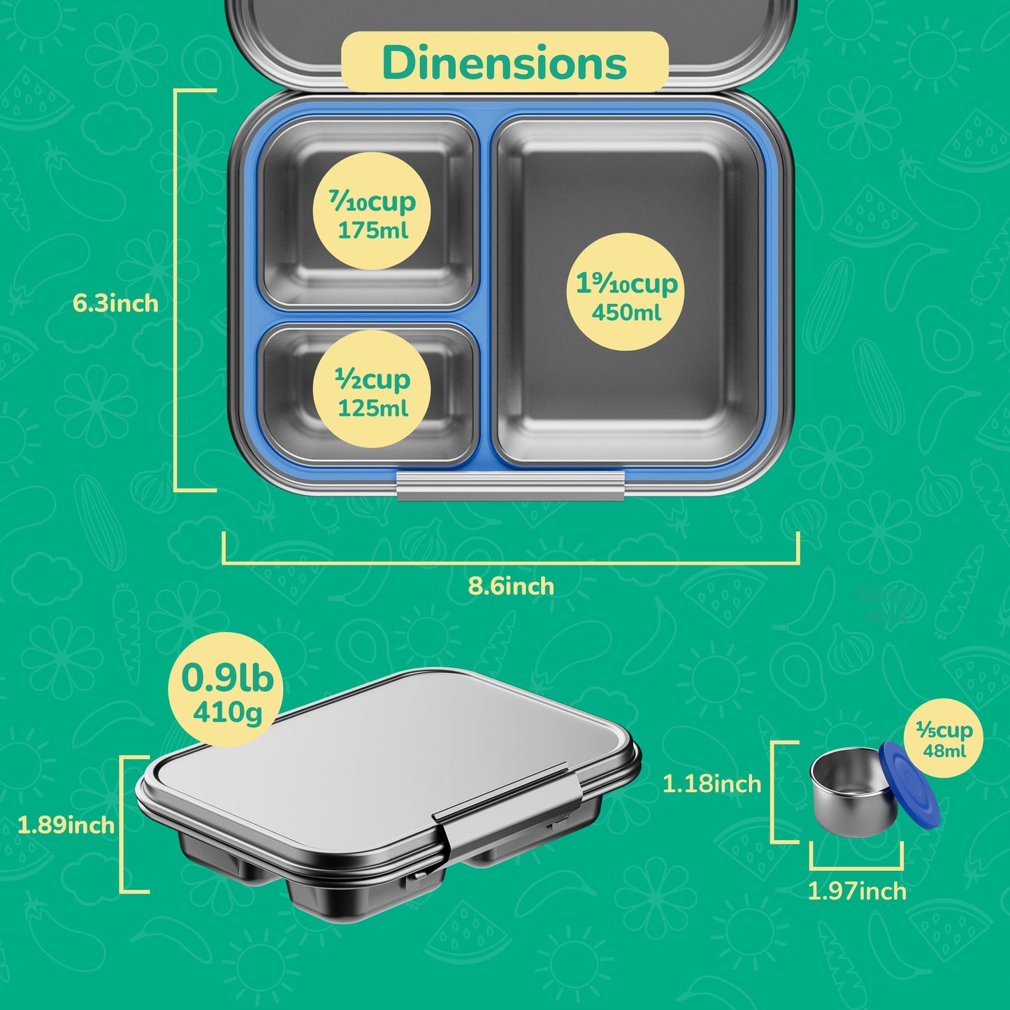 AOHEA Kids Stainless Steel Leak-Resistant Lunch Box, Bento Box For Kids 3 Compartments & Extra Container, BPA Free, Dishwasher Safe, for School and Office(29oz)