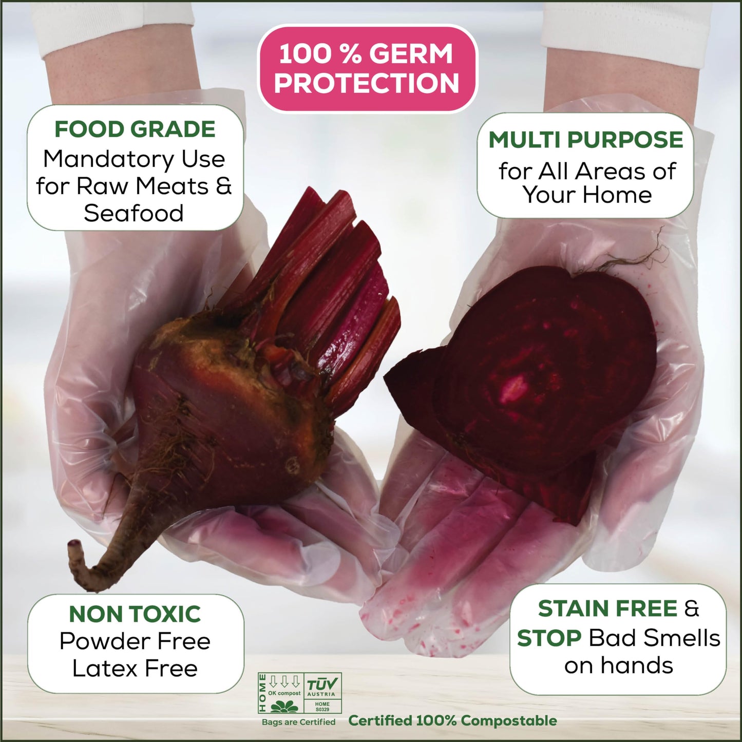 HOLY SCRAP! 100% Compostable Gloves MEDIUM - 100 Pack - Disposable Powder and Latex Free Gloves for Food Preparation, Cooking, Cleaning, Non-Toxic, Eco Friendly - BPI Certified, OK Compost Home