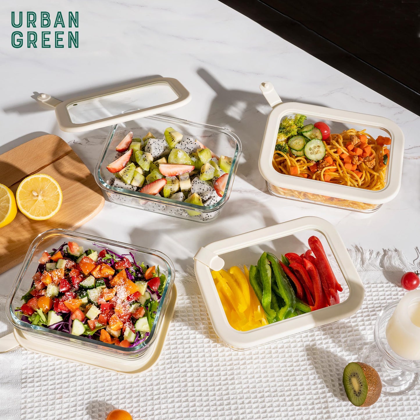 Urban Green Glass Food Storage Containers with Glass Lids, Microwave Safe Glass Food Container Set, Airtight Glass Food Container Set, LeakProof, 100% Plastic Free, White Color, 4pack