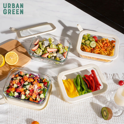 Urban Green Glass Food Storage Containers with Glass Lids, Microwave Safe Glass Food Container Set, Airtight Glass Food Container Set, LeakProof, 100% Plastic Free, White Color, 4pack