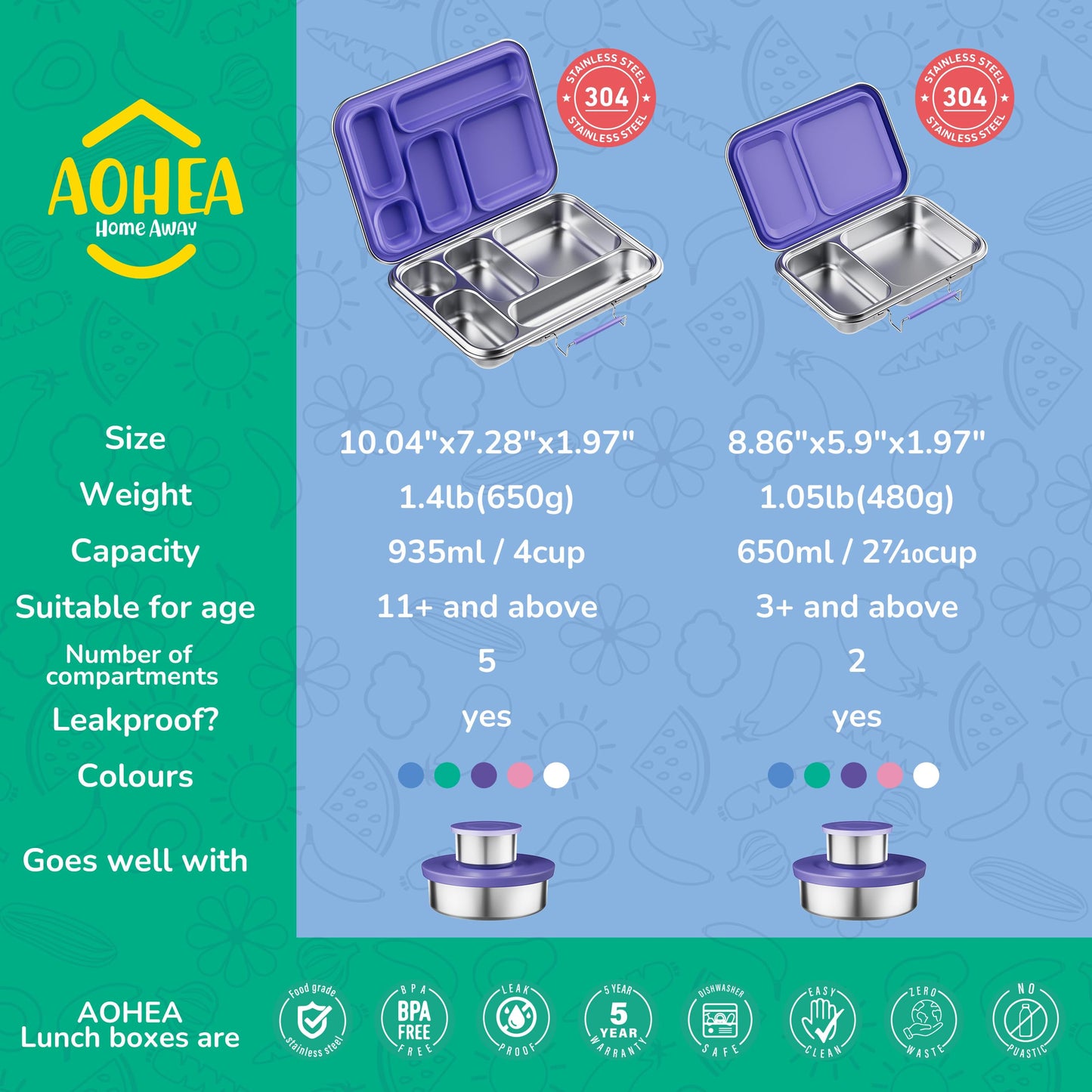 AOHEA Stainless Steel Bento Box Kids, Kids Metal Bento Lunch Box BPA Free Lunch Box Containers 304 Stainless Steel Bento Box for School and Office(Purple)