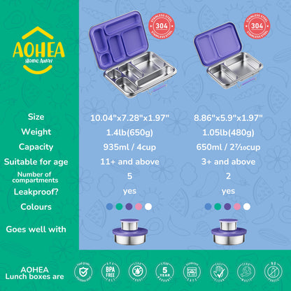 AOHEA Stainless Steel Bento Box Kids, Kids Metal Bento Lunch Box BPA Free Lunch Box Containers 304 Stainless Steel Bento Box for School and Office(Purple)