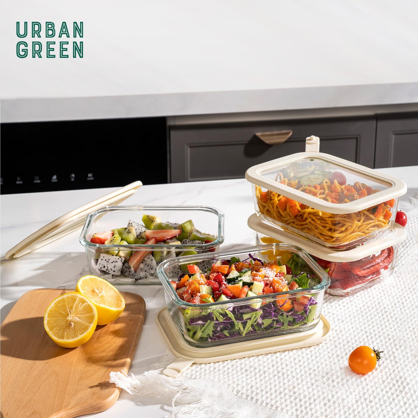 Urban Green Glass Food Storage Containers with Glass Lids, Microwave Safe Glass Food Container Set, Airtight Glass Food Container Set, LeakProof, 100% Plastic Free, White Color, 4pack