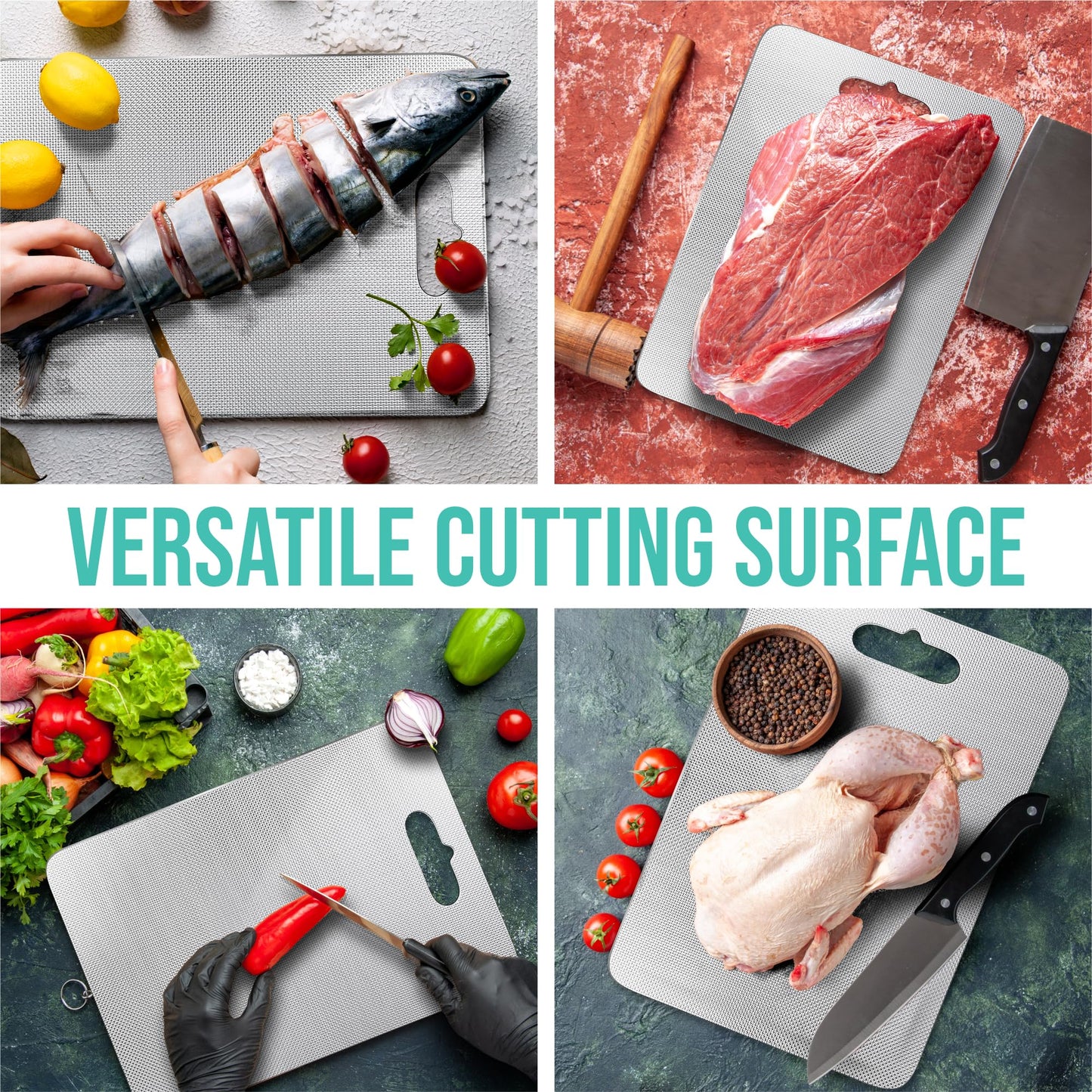 2-Pack 304 Stainless Steel Cutting Boards – Anti-Scratch, Durable & Hygienic Kitchen Boards for Meat, Vegetables, and Food Prep, Easy-to-Clean Surface - HAKKEN